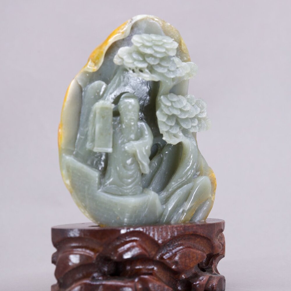 Chinese Hetian Jade Statue w Taoism Deity & Pine Tree